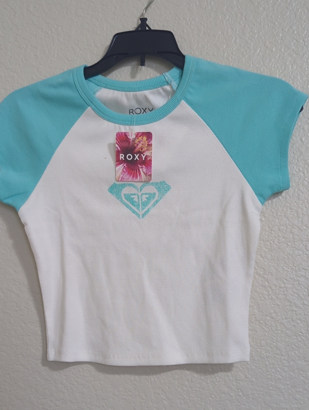 Roxy White Tee with Aqua Raglan Sleeves and Logo